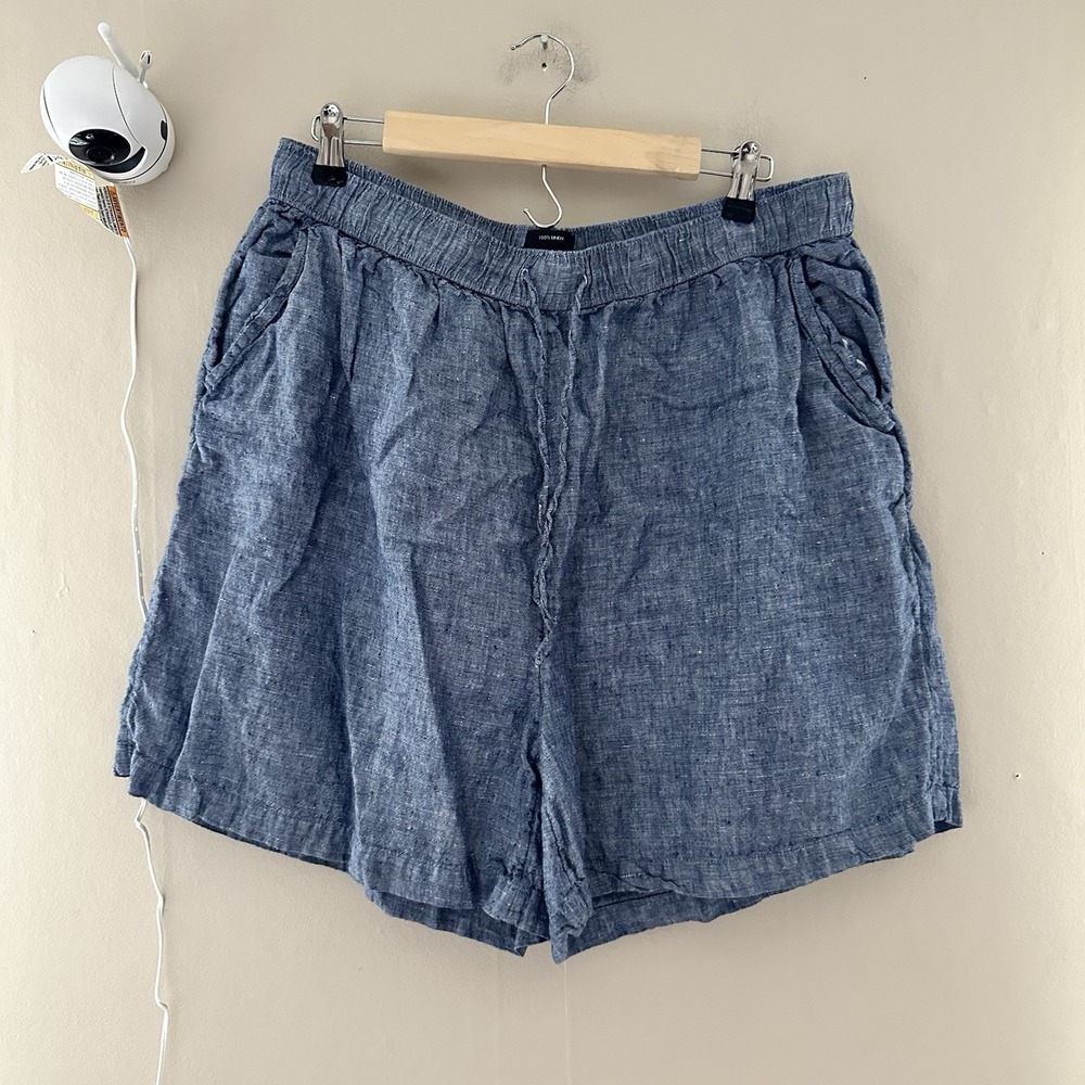 Tahari Women Linen Pull On Shorts Size 1x Blue Chambray Coastal Preppy High Rise